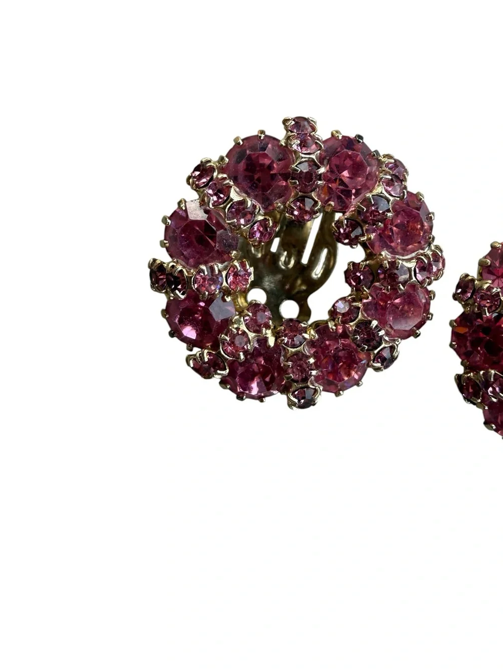 Vintage Weiss Fuchsia Pink Rhinestone Wreath Clip On Earrings Signed Mid Century - Picture 3 of 6